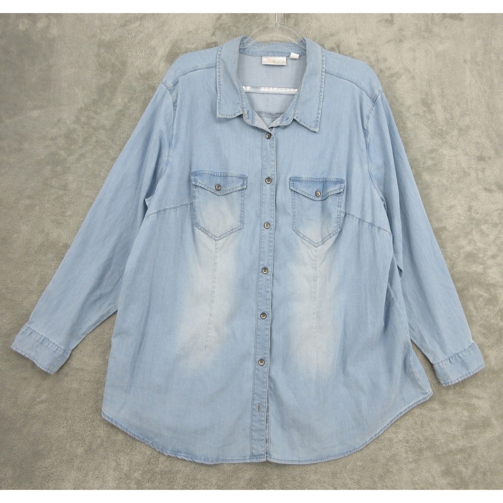 Belle by Kim Gravel Shirt Women Size 1X Chambray Button Front Tunic Pockets Blue
